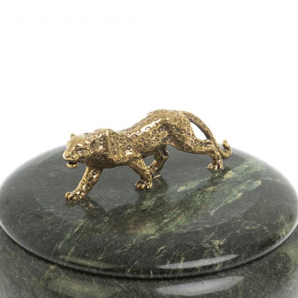 Шкатулка круглая &amp;quot;Гепард&amp;quot; из шабровского змеевика 15х15х12 см 127630