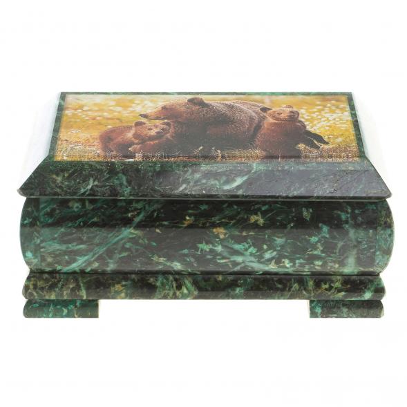 Шкатулка с иллюстрацией &amp;quot;Медведица с медвежатами&amp;quot; камень змеевик 17,5х9,5х7,5 см 124021