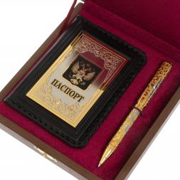 Подарочный набор &amp;quot;Герб РФ&amp;quot; обложка для паспорта и ручка с гравюрой Златоуст