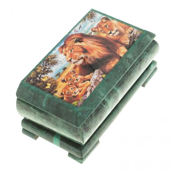 Шкатулка с иллюстрацией &amp;quot;Семейство львов&amp;quot; камень змеевик 17,5х9,5х7,5 см 124023