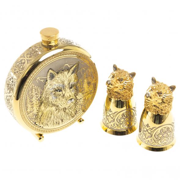 Подарочный набор &amp;quot;Волк&amp;quot; фляжка и 2 стопки перевертыша Златоуст 123675