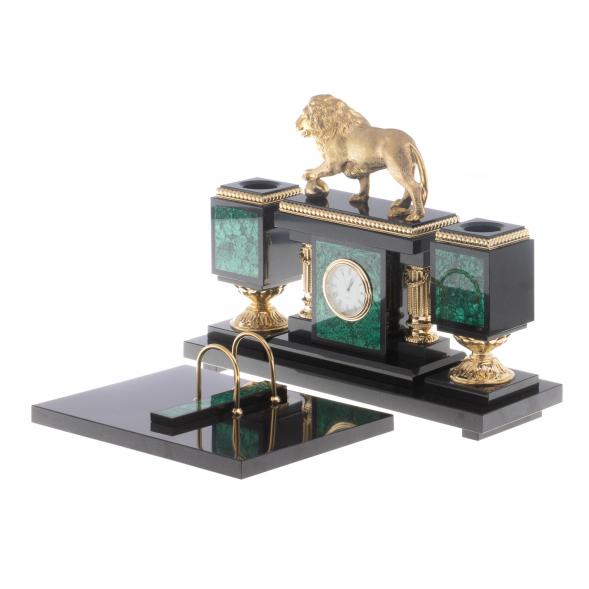 Настольный набор &amp;quot;Лев с шаром&amp;quot; камень малахит 124358