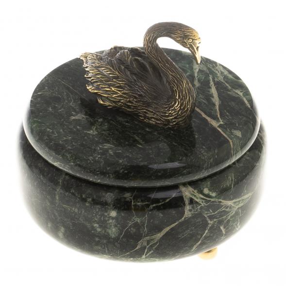 Шкатулка &amp;quot;Лебедь&amp;quot; змеевик бронза 14,5х14,5 см 124595