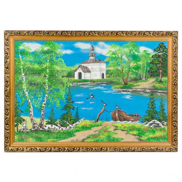 Картина &amp;quot;Церковь и лодка&amp;quot; багет 46х66 см, каменная крошка 119311