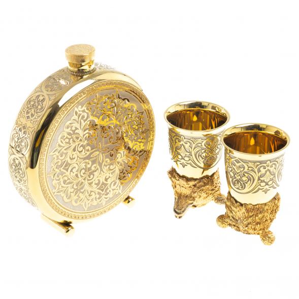 Подарочный набор &amp;quot;Медведь&amp;quot; фляжка и 2 стопки перевертыша Златоуст 123678