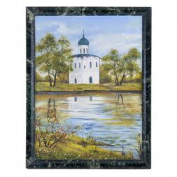 Картина "Церковь на берегу" рамка змеевик 36х46 см, каменная крошка