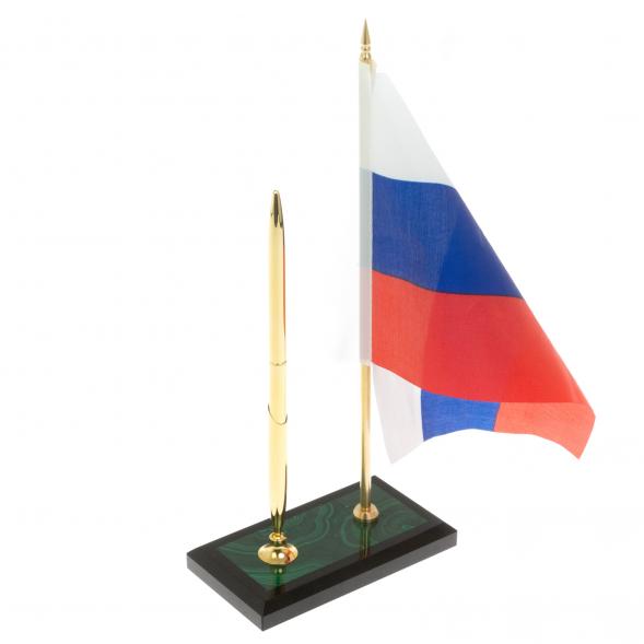 Подставка под ручку с флагом РФ из малахита 9,5х6,5х25 см 129529