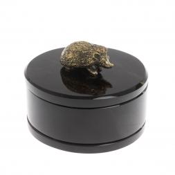 Шкатулка круглая "Ёж" из черного обсидиана 7,5х7,5х8 см