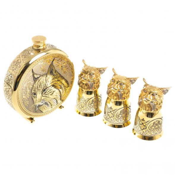 Подарочный набор &amp;quot;Рысь&amp;quot; фляжка и 3 стопки перевертыша Златоуст 123687