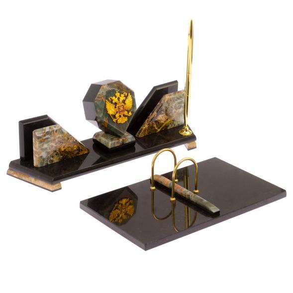 Письменный прибор &amp;quot;Эталон&amp;quot; с гербом РФ камень офиокальцит 126326