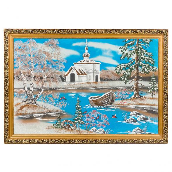 Картина &amp;quot;Церковь зимнем на берегу&amp;quot; багет 46х66 см, каменная крошка 119323