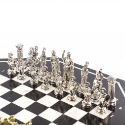 Шахматный стол из камня с металлическими фигурами "Древний Рим"