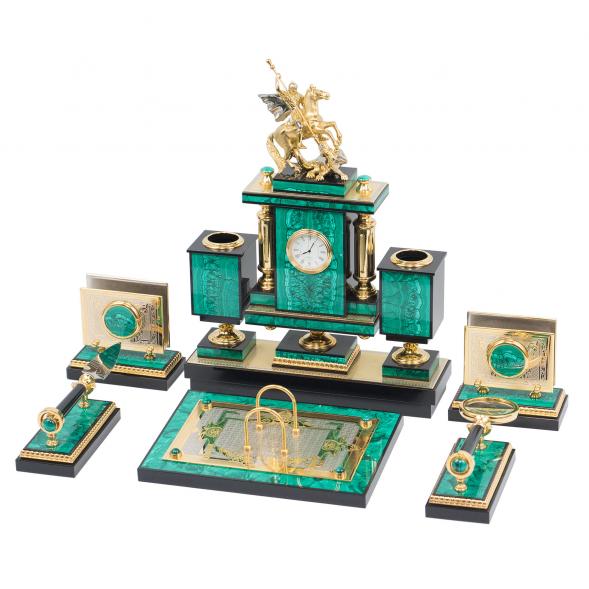 Настольный набор &amp;quot;Георгий Победоносец&amp;quot; из натурального малахита 117545