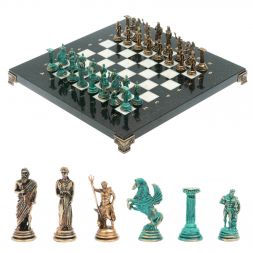 Шахматы "Подвиги Геракла" фигуры бронза / патина 28х28 см из мрамора