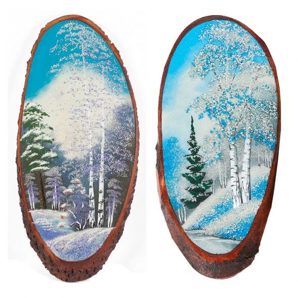 Панно на срезе дерева &amp;quot;Зима&amp;quot; вертикальное 50-55 см каменная крошка 112219