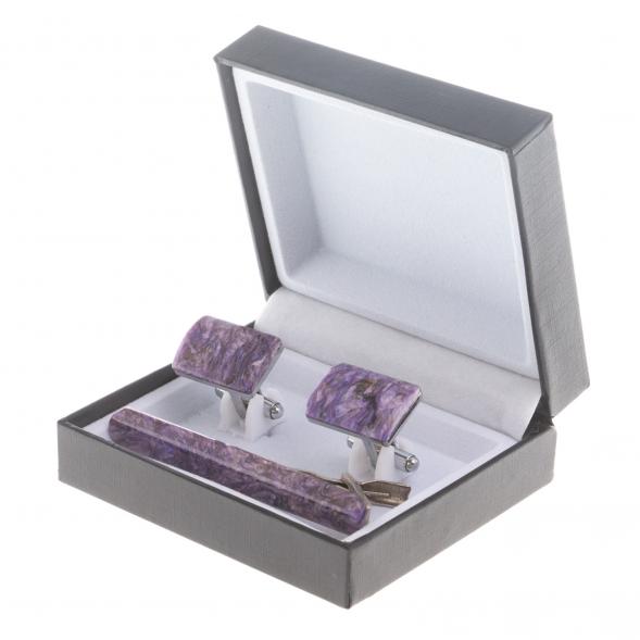 Набор запонки прямоугольные и зажим для галстука камень чароит 124456