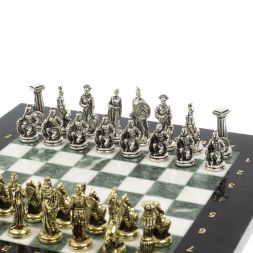 Шахматы настольные "Царь Леонид" из мрамора и змеевика 28х28 см