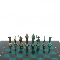 Шахматы &amp;quot;Подвиги Геракла&amp;quot; фигуры бронза / патина 28х28 см из змеевика