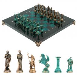 Шахматы &amp;quot;Подвиги Геракла&amp;quot; фигуры бронза / патина 28х28 см из змеевика