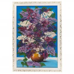 Картина из каменной крошки "Сирень в вазе" 47х67 см багет синий фон