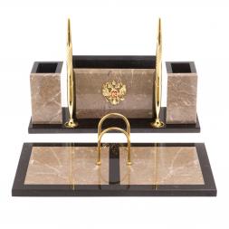 Письменный набор &amp;quot;Советник&amp;quot; с Гербом РФ из бежевого мрамора