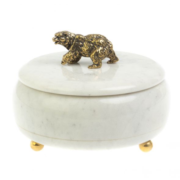 Шкатулка круглая &amp;quot;Медведь&amp;quot; из белого мрамора 15х15х11 см 127893