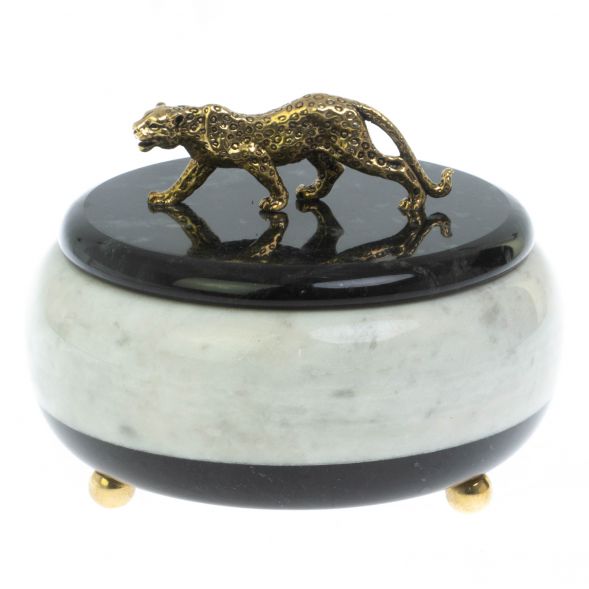 Шкатулка &amp;quot;Гепард&amp;quot; из белого мрамора и змеевика 15х15х12 см 129028