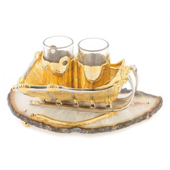 Набор икорница и 2 стопки для водки &amp;quot;Сани&amp;quot; камень агат Златоуст 119798