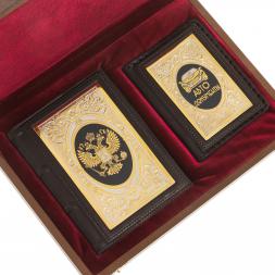 Подарочный набор &amp;quot;Автомобилист&amp;quot; обложка для автодокументов и ежедневник из коричневой кожи