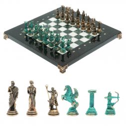 Шахматы &amp;quot;Лучники&amp;quot; фигуры бронза / патина 28х28 см из змеевика и мрамор