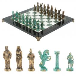 Шахматы "Александр Макендонский" фигуры бронза / патина мрамор змеевик 36х36 см