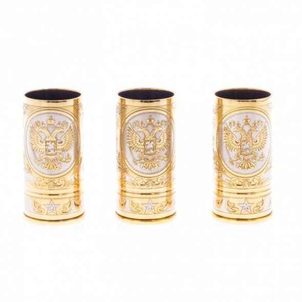 Набор стопок &amp;quot;Герб России&amp;quot; 3 шт в кожаном патронташе Златоуст 122175