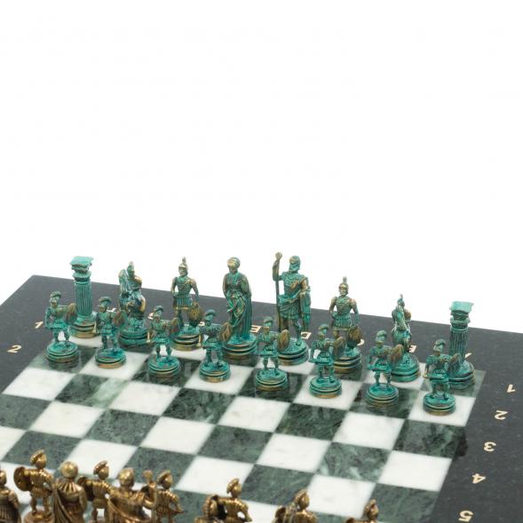 Шахматы &amp;quot;Римские воины&amp;quot; фигуры бронза / патина 28х28 см из мрамора и змеевика 128208