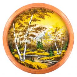 Панно каменное на тарелке из дерева "Осенняя ночь" 50 см