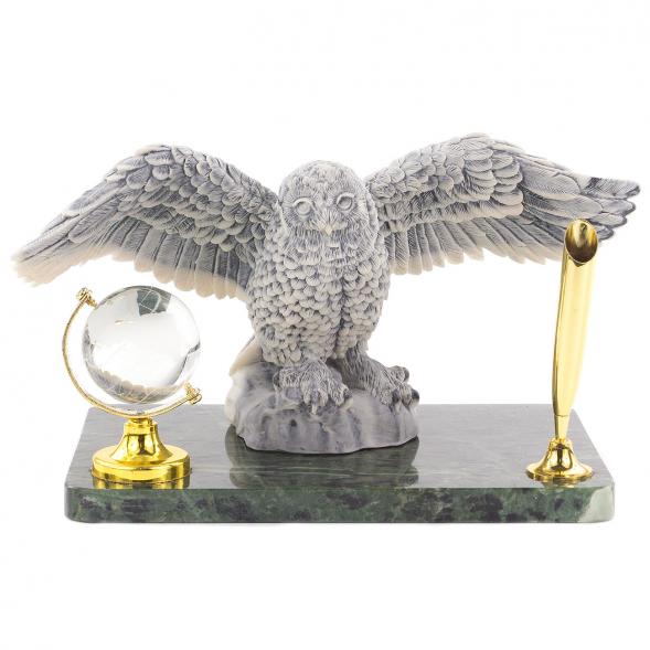 Подставка под ручку &amp;quot;Полярная сова&amp;quot; мрамолит змеевик 120626