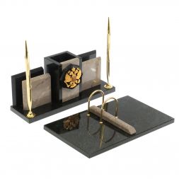 Настольный набор &amp;quot;Офисный&amp;quot; с гербом РФ камень бежевый мрамор