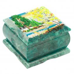 Шкатулка из змеевика рисунок &amp;quot;Весенний пейзаж&amp;quot; 10х10х6,5 см