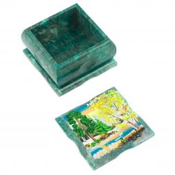 Шкатулка из змеевика рисунок &amp;quot;Весенний пейзаж&amp;quot; 10х10х6,5 см