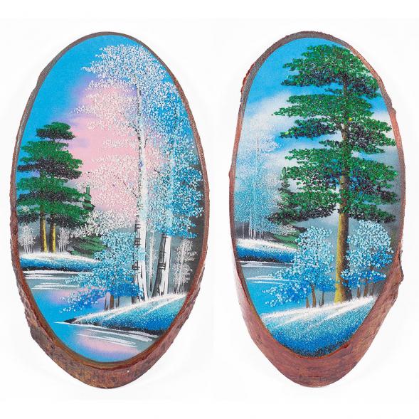 Панно на срезе дерева &amp;quot;Зима&amp;quot; вертикальное 30-35 см каменная крошка 112237