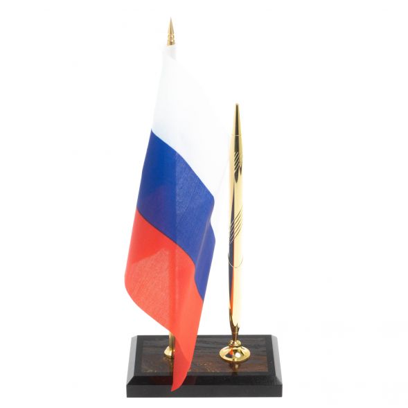 Подставка под ручку с флагом РФ из тигрового глаза 10х7х25 см 127748