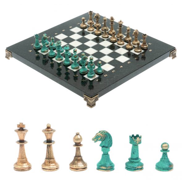 Шахматы &amp;quot;Стаунтон&amp;quot; фигуры бронза / патина 28х28 см из мрамора 128210