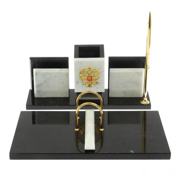 Письменный набор &amp;quot;Менеджер&amp;quot; из мрамора и змеевика с гербом РФ 129273
