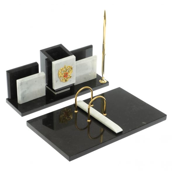 Письменный набор &amp;quot;Менеджер&amp;quot; из мрамора и змеевика с гербом РФ 129273