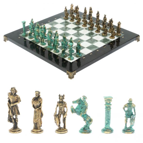 Шахматы &amp;quot;Римляне против Галлов&amp;quot; фигуры бронза / патина 36х36 см мрамор змеевик 128376
