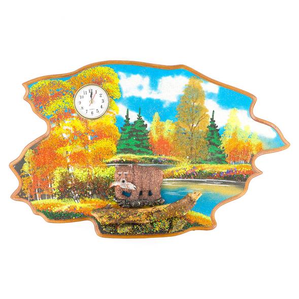 Часы с картиной &amp;quot;Медведь с рыбой осень&amp;quot; 50х32 см каменная крошка 119625