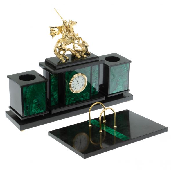 Настольный набор &amp;quot;Георгий Победоносец&amp;quot; из малахита и бронзы 128595
