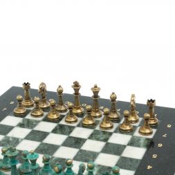 Шахматы &amp;quot;Стаунтон&amp;quot; фигуры бронза / патина 28х28 см из змеевика и мрамора