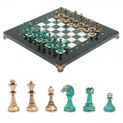 Шахматы &amp;quot;Стаунтон&amp;quot; фигуры бронза / патина 28х28 см из змеевика и мрамора
