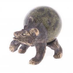 Фигурка статуэтка "Медведь с шаром" бронза камень змеевик
