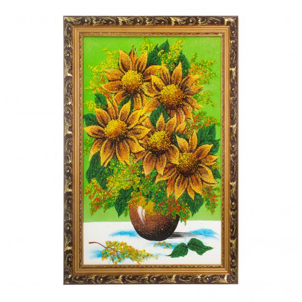 Картина &amp;quot;Букет подсолнухов&amp;quot; багет 46х66 см каменная крошка зеленый фон 124065